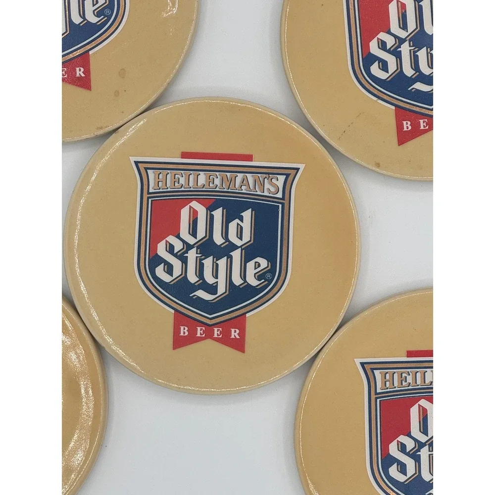 Vintage Heileman's Old Style Beer Ceramic Coasters Magnets Set of 5 Tan‎ 4 Inch